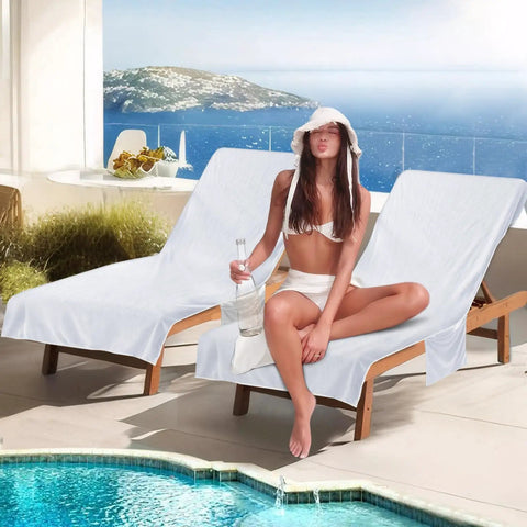 Oversized Lounge Chair Towel Cover Pack Of 2 With Pockets For Pool Beach Garden And Patio Chaise Lounge Covers 85 X 30 Inches White Terry Cloth For Spa And Poolside Relaxation At Home on two poolside loungers