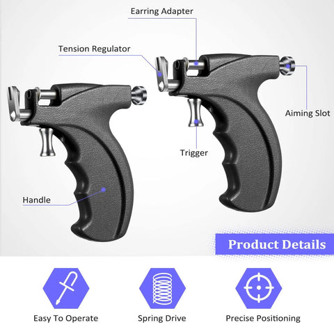 All In One Ear Piercing Kit With Gun Stainless Steel 36 Pairs Studs 98 Earrings 22 Nose Studs showing gun handle details