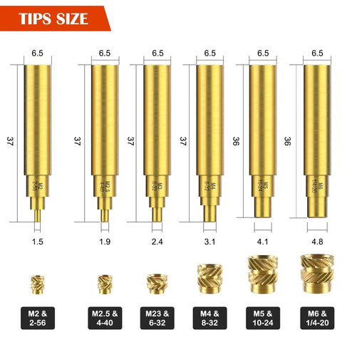 Six Piece Soldering Tips Set For Thread Inserts From M2 Through M6 And Common Inch Sizes Two Fifty Six Four Forty Six Thirty Two Thirty Two Ten Twenty Four A Must Have For DIY Electronics And Workshop Gear Soldering Iron Adapter For 900M T18 FX888D showing various tip sizes and thread inserts