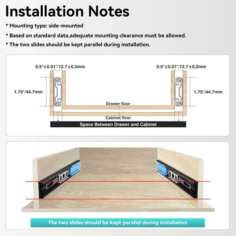 Installation guide for Push To Open Soft Close Drawer Slides Set 1 Pair Two Thirds Full Extension Side Mount, side-mounted drawer placement.