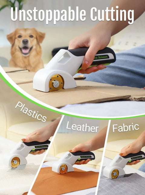 Cordless Rotary Cardboard Cutter With Titanium Coated Blade And Two Accessories 4V Electric Cutting Tool in use cutting fabric
