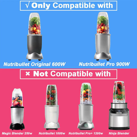 Compatibility chart showing 2 Pack 32oz Replacement Cups For 600W And 900W Blenders With Two Flip Top To-Go Lids, BPA-Free