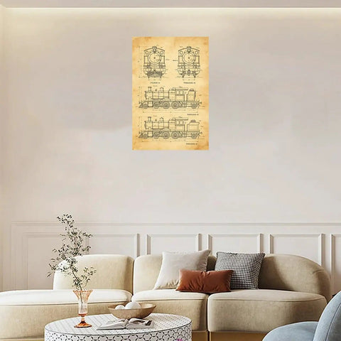 Old School Steam Locomotive Blueprint Wall Art Print Aged Paper Style Antique Train Technical Drawing Poster For Living Room Bedroom Decor Premium Canvas