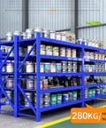 Heavy Duty Four Tier Steel Shelving Unit Bolt Free Assembly Garage Workshop Utility Storage Rack For Tools Pantry Organization Totally Badass Build Design with paint cans, 280KG capacity per layer.