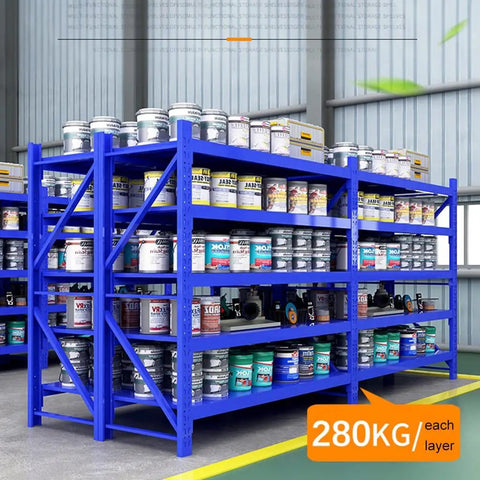 Heavy Duty Four Tier Steel Shelving Unit Bolt Free Assembly Garage Workshop Utility Storage Rack For Tools Pantry Organization Totally Badass Build Design with paint cans, 280KG capacity per layer.