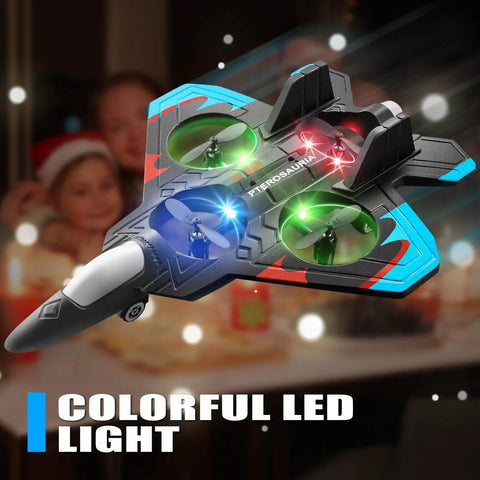 V32 Foam Remote Control Airplane With Light 360 Degree Flip Fighter Jet with LED lights floating in festive background