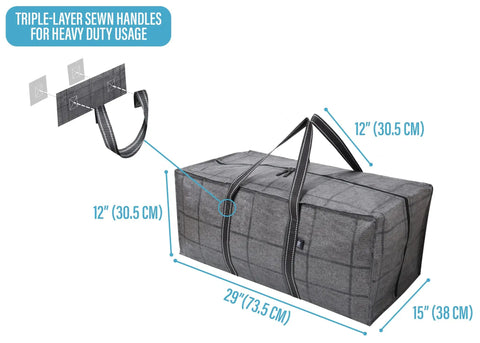 Eight Pack Moving Bags And Storage Totes With Lids For Clothes And Linen Organization Space Saving Foldable Bins Alternative For Dorms And Home 86 Liter 23 Gallon Capacity Large Black Windowpane Pack shown with dimensions and triple-layer sewn handles for heavy-duty usage.