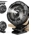 Rechargeable Clip On Mist Fan With Bright Led Light And Smooth Swivel For Golf Carts Strollers Rv Trips And Camping Chases The Sweat Keeps You Wicked Chill All Weekend Long Portable Spray Cooler Sweet Ride Gear on a wooden surface, showing three angles.