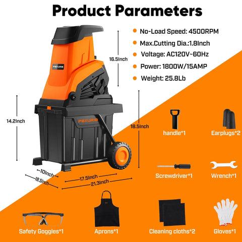 Image of Heavy Duty 15 Amp Electric Wood Chipper Shredder With 50 Liter Bag 1.8 Inch Cutting Diameter 25 To 1 Reduction Portable Wheels