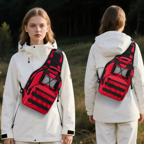 Red Tactical Medical Sling Backpack For EMS Emergency Supplies With MOLLE System outdoor on a person in a white jacket