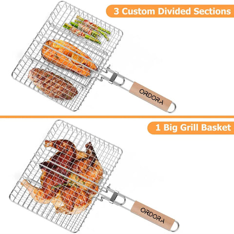 Deep Stainless Steel Grill Basket With 3 Section Dividers And Detachable Handle For Fish Meat Veggies And Shrimp Outdoor BBQ Grilling Accessory Easy Cleanup Great Gift For Dad