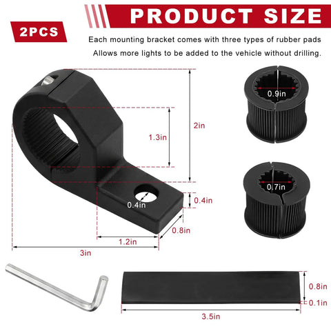 2 Pack Aluminum Light Bar Mounts For Motorcycles And ATVs Fits 0.75 Inch 1 Inch And 1.25 Inch Bars with measurements shown
