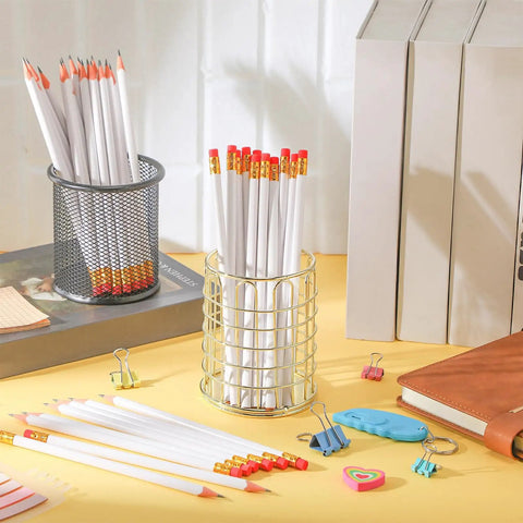 50 Pack Triangular Grip Wood Pencils With Erasers White HB Graphite Pencils displayed in wire holders on a desk