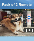 Two Pack Universal TV Remote Control For Most Smart TVs And LED LCD HDTVs 3D Series No Setup with dog holding remote