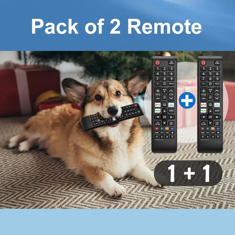 Two Pack Universal TV Remote Control For Most Smart TVs And LED LCD HDTVs 3D Series No Setup with dog holding remote
