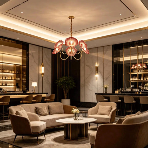 HLRCB Indoor Pendant Light, 21.7", glass floral shade adjustable drop in a modern lounge over a cozy seating area.
