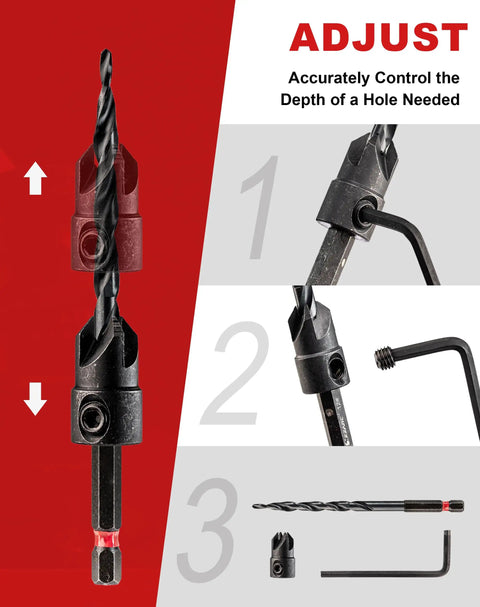 Pro Grade Heavy Duty Wood Countersink Drill Bit Set With Four Six Eight Ten Twelve Tapered Bits One Quarter Inch Hex Shank adjustment display