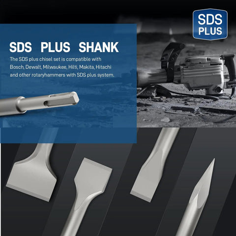 SDS Plus Rotary Hammer Chisel Set Four Piece Kit With Pointed And Flat Chisels for masonry and concrete work detail image.