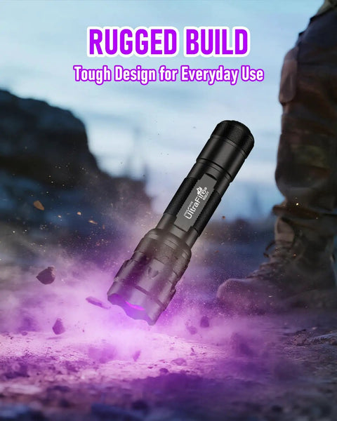 Person using Handheld UV Flashlight Blacklight 395 405 Nm Led For Curing UV Glue Leak Detection And Pet Urine Stain Finder Ultra Bright Portable Torch outdoors