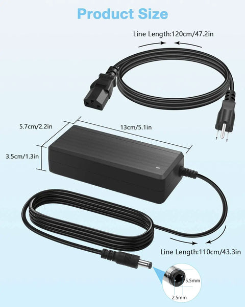 Beefy 5V 10A 50W LED Power Supply Adapter 100-240V AC to DC Switching Converter with 5.5x2.1mm Plug, dimensions labeled.