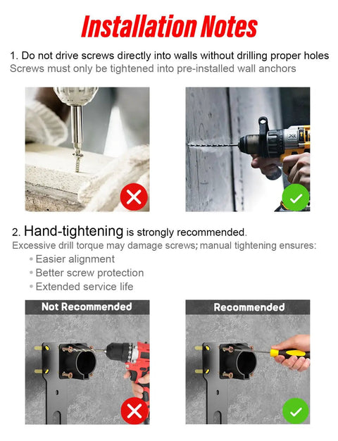 Installation notes for No Sweat Heavy Duty Wall Mount J Hook Stand for J1772 EV Chargers with drill and hand-tightening images.