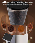 G1 Conical Burr Coffee Grinder With 48 Grind Settings Anti Static Burr Mill showing grind sizes for French press, drip, moka pot, espresso.