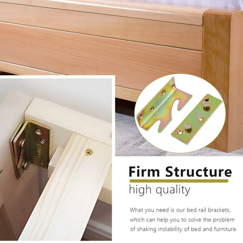 Heavy Duty Bed Rail Brackets Set Of Four Gold Anti Rust Steel Frame Hardware With Screws For Quick Non Mortise Install Top Shelf Load Bearing Design close-up view of mounting brackets on wooden bed frame