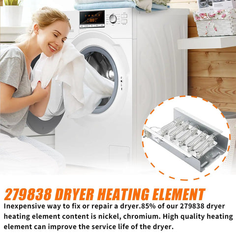 Smiling woman using dryer with Premium Dryer Heating Element Replacement 279838 4531017 For Whirlpool Kenmore Maytag Amana Sears.