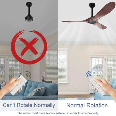 Comparison of Big 60 Inch Outdoor Ceiling Fan with Remote Control, showing incorrect and correct rotation setups in a living room.