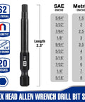 Front view: WORKPRO 20-piece hex head Allen drill bit set, S2 steel, magnetic, 1/4 inch hex shank, 2.3 inch long.