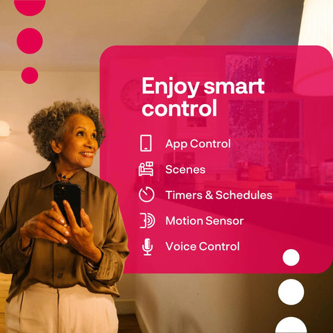 Woman using smartphone to control home automation with Zigbee Smart Plugs 2-Pack For Home Automation That Plays Nice With Philips Hue Alexa