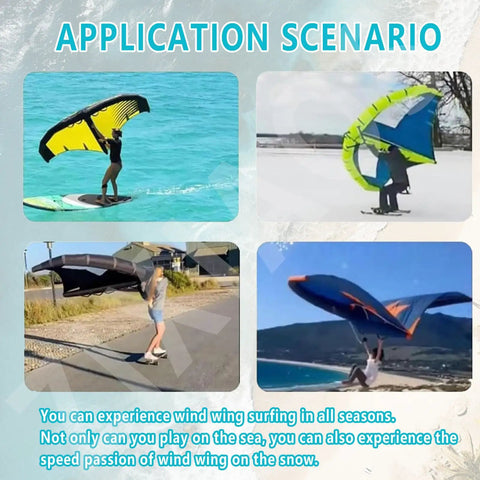 Application scenarios showing Inflatable Windsurf Wing for Water Fun in various activities, including surfing and snow use.