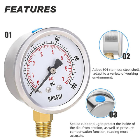 Front view of BPSSDI 100 psi vacuum pressure gauge, 2.5 in dial, 1/4 in G lower mount, 304 stainless steel case.