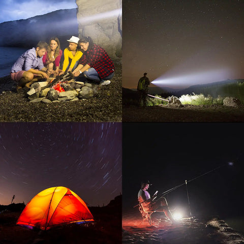 People using Beast Mode 3500 Lumen USB C Rechargeable Flashlight for Camping and Hiking under starry sky and tent