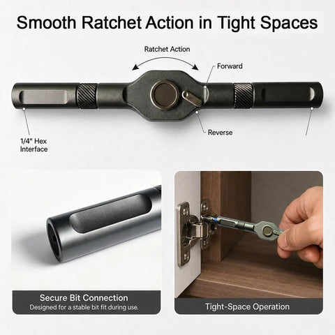 42 In 1 Magnetic Ratcheting Screwdriver Set With T Handle Multi Bit Repair Tool Kit showing ratchet action and bit usage in tight spaces