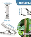 Heavy Duty Stainless Steel Garden Clips 50 Pack For Greenhouses With 2 Inch Long Grips shown with size dimensions and plant use.
