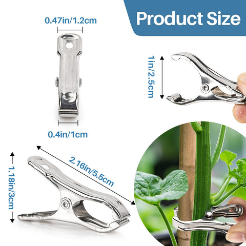 Heavy Duty Stainless Steel Garden Clips 50 Pack For Greenhouses With 2 Inch Long Grips shown with size dimensions and plant use.