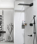 Premium Matte Black Shower System With Thermostatic Faucet Set featuring overhead rainfall and handheld sprayer in modern bathroom.