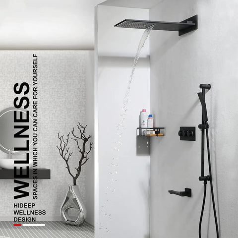 Solid Black Shower System, Thermostatic Wall Mount Rainfall Head With Handheld Combo, water flowing from rainfall head in modern bathroom.