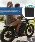 Indy Golf Cart Voltage Regulator Rectifier Replacement with black housing displayed next to a couple on a motorcycle