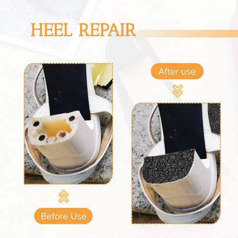 Durable One Quarter Inch Thick Rubber Heel Repair Patches For Shoes Black No Slip Diamond Pattern 4 Pack Before and After Use