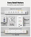 Image of a 10 Foot Flat Extension Cord And Surge Protector Power Strip With Six Wall Outlets Dual USB A Plus Single USB C Charger features.
