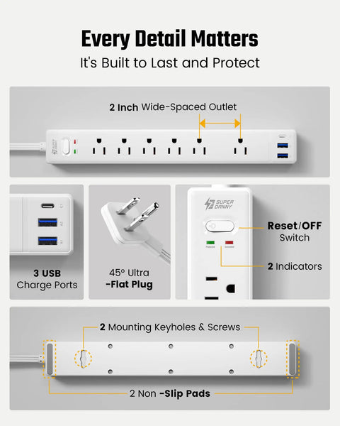 Image of a 10 Foot Flat Extension Cord And Surge Protector Power Strip With Six Wall Outlets Dual USB A Plus Single USB C Charger features.