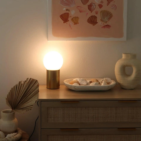 Kai LED Table Lamp With USB Port Tiny Bedside Reading Modern Desk Lamp Nightstand Light With Ambient Glow Vibe For Bedroom Living Room And Office Brass Finish Globe Shade