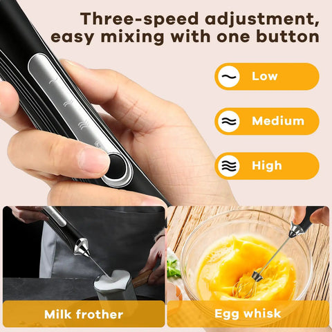 Handheld Milk Frother With Stand, Rechargeable Foam Maker Wand, 3 Speed Adjustable Electric Frother with button controls