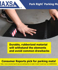 Park Right Parking Mat 21x11x2 Inches Red Garage Parking Aid shown being held, featuring tire bumps for alignment, black color variant.