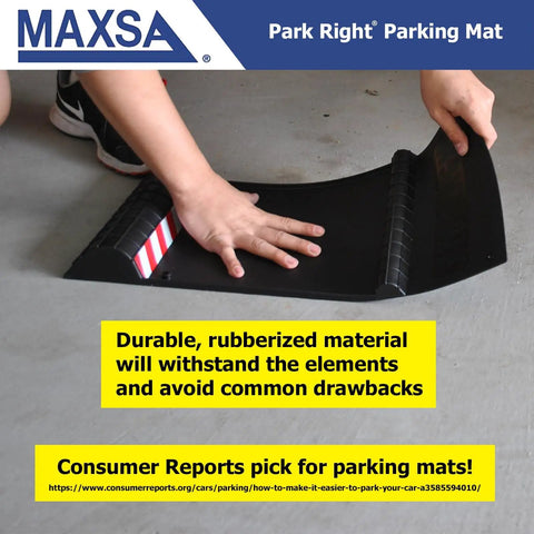 Park Right Parking Mat 21x11x2 Inches Red Garage Parking Aid shown being held, featuring tire bumps for alignment, black color variant.