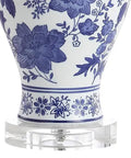 Blue And White Chinoiserie Floral Ceramic Table Lamp With Crystal Base And White Linen Shade Classic Vase Style close-up of base.