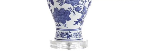 Blue And White Chinoiserie Floral Ceramic Table Lamp With Crystal Base And White Linen Shade Classic Vase Style close-up of base.
