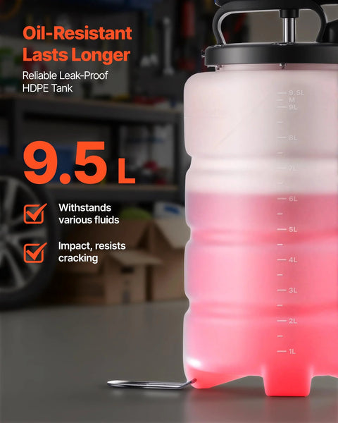 VEVOR fluid extractor, 9.5 L capacity, translucent HDPE tank with measurement marks and pink liquid.